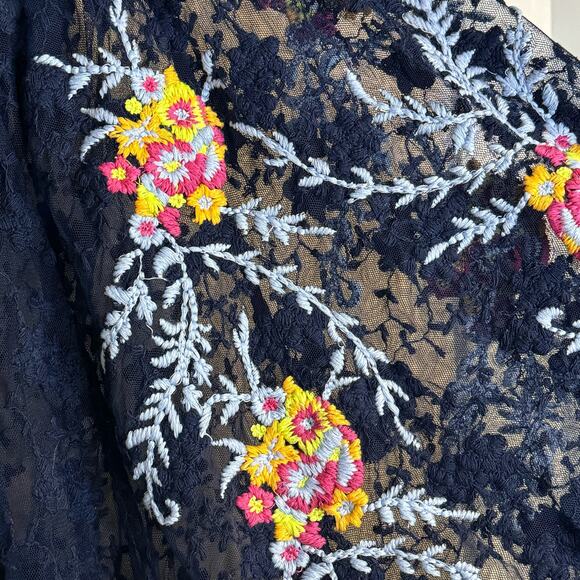 Free People Jubilee Blue Sheer Lace Embroidered Floral Boho Blouse XS - Picture 11 of 13